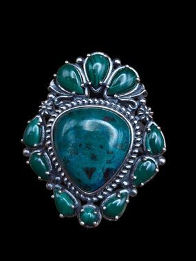 Sterling Silver Malachite Floral Cluster Statement Ring Size 5.25